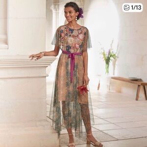 Sundance Tolani Floral Embroidered maxi midi Dress with Sheer Overlay